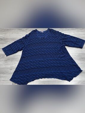 Tianello Steve Barraza Asbury Blouse 3X Blue Black Striped Crinkle Knit Top